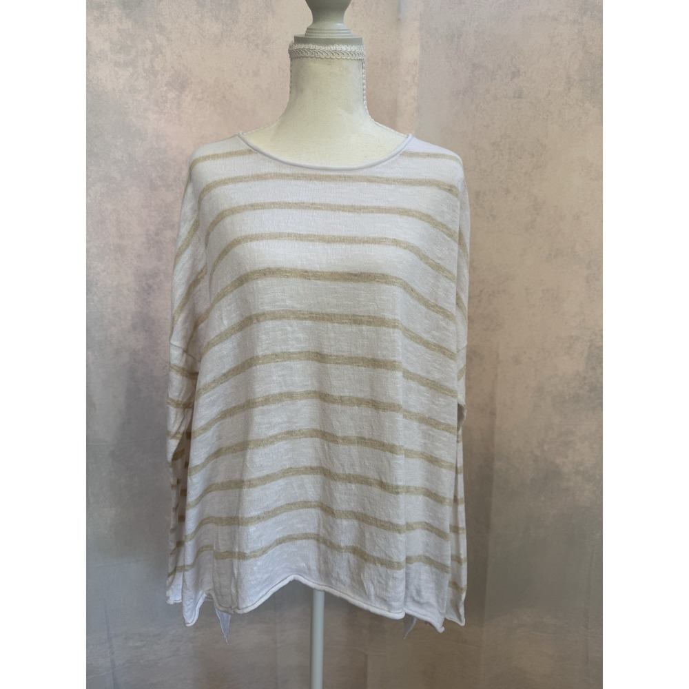 Eileen Fisher Striped Linen Blend Asymmetrical Hem Long Sleeve Top Blouse Size L